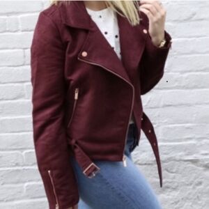 Lauren Conrad Moto Jacket Faux Suede Rose Gold Hardware Runway Burgundy size 12